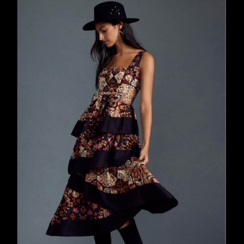 NWT Anthropologie Floral Print Square Neck Tiered Midi Dress